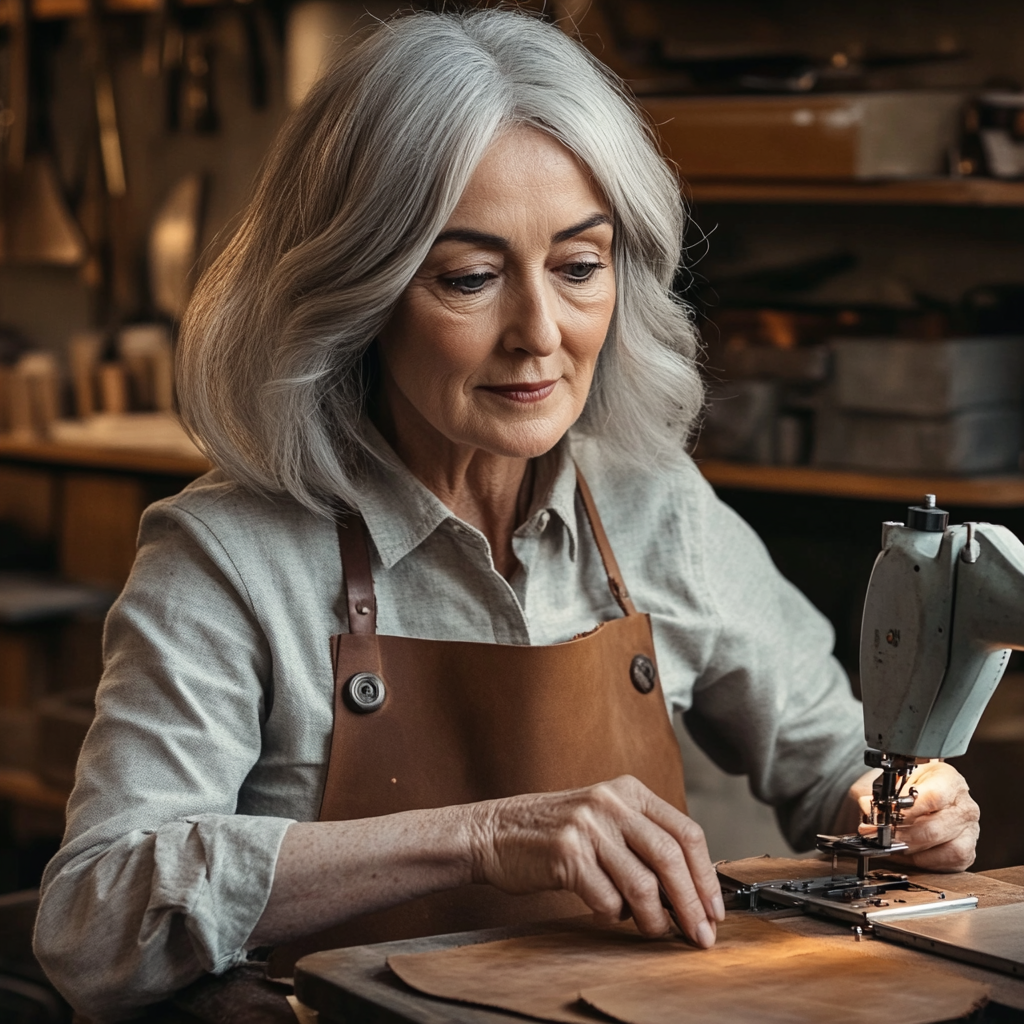 u1466914749 A 50 year old woman with silver grey hair sitting 7b7f9c63 efbf 4591 bef4 a3dd675a861b 1